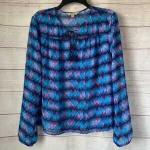 Decree Blue and Pink Abstract Blouse Tassel Tie String Long Sleeve Size Medium